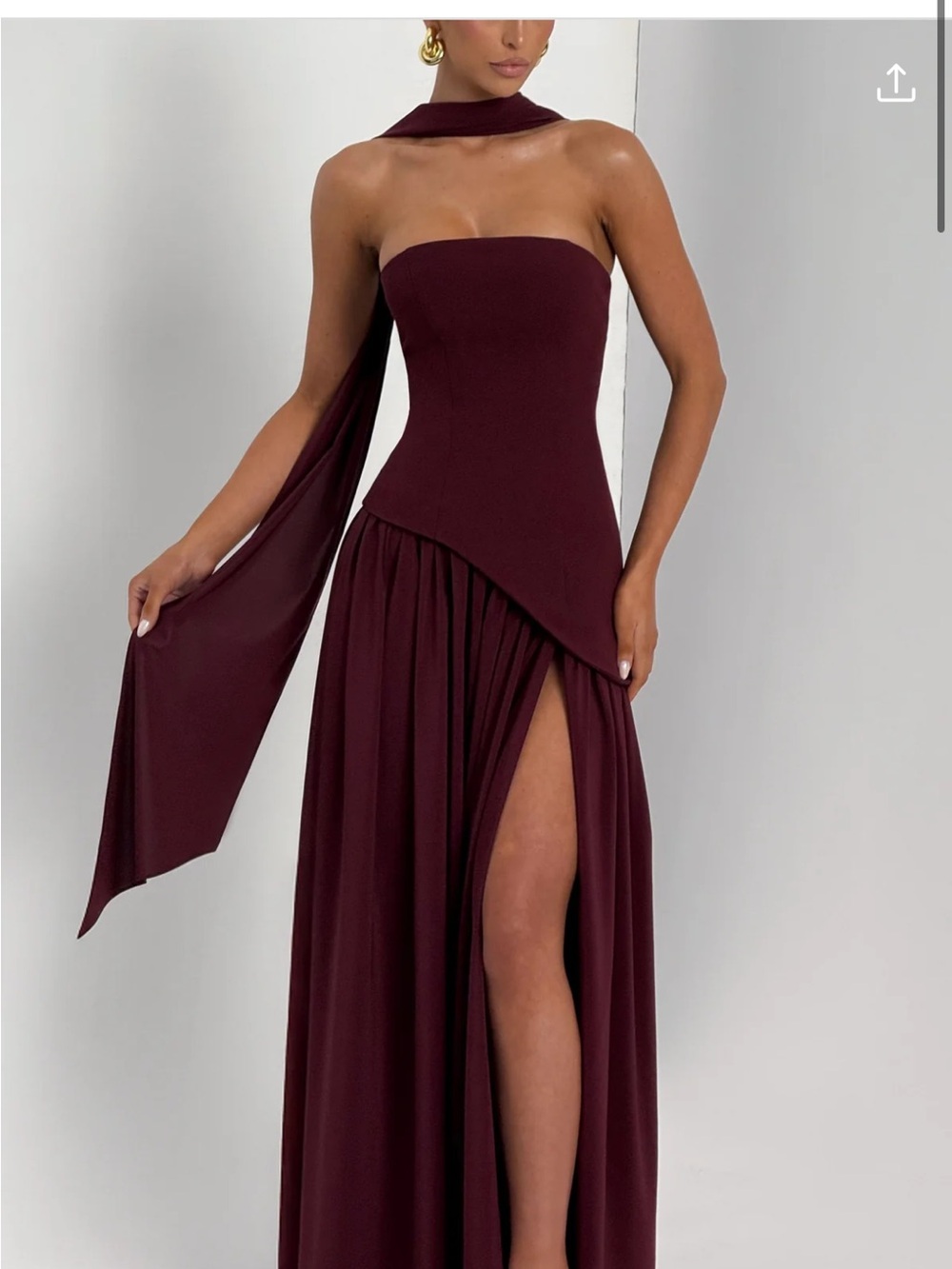 Strapless Burgundy Evening Gown with Scarf Detail